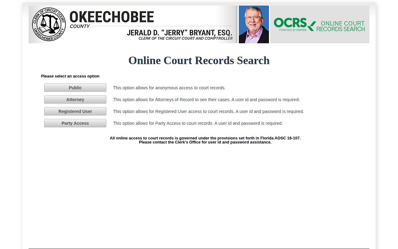 Okeechobee County court release record public access search