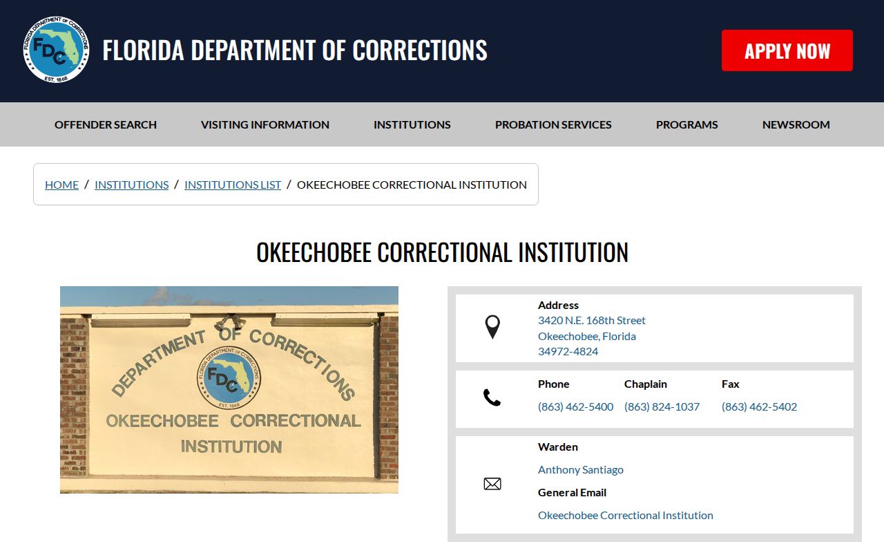 Okeechobee Correctional Institution release and facility details from FDC