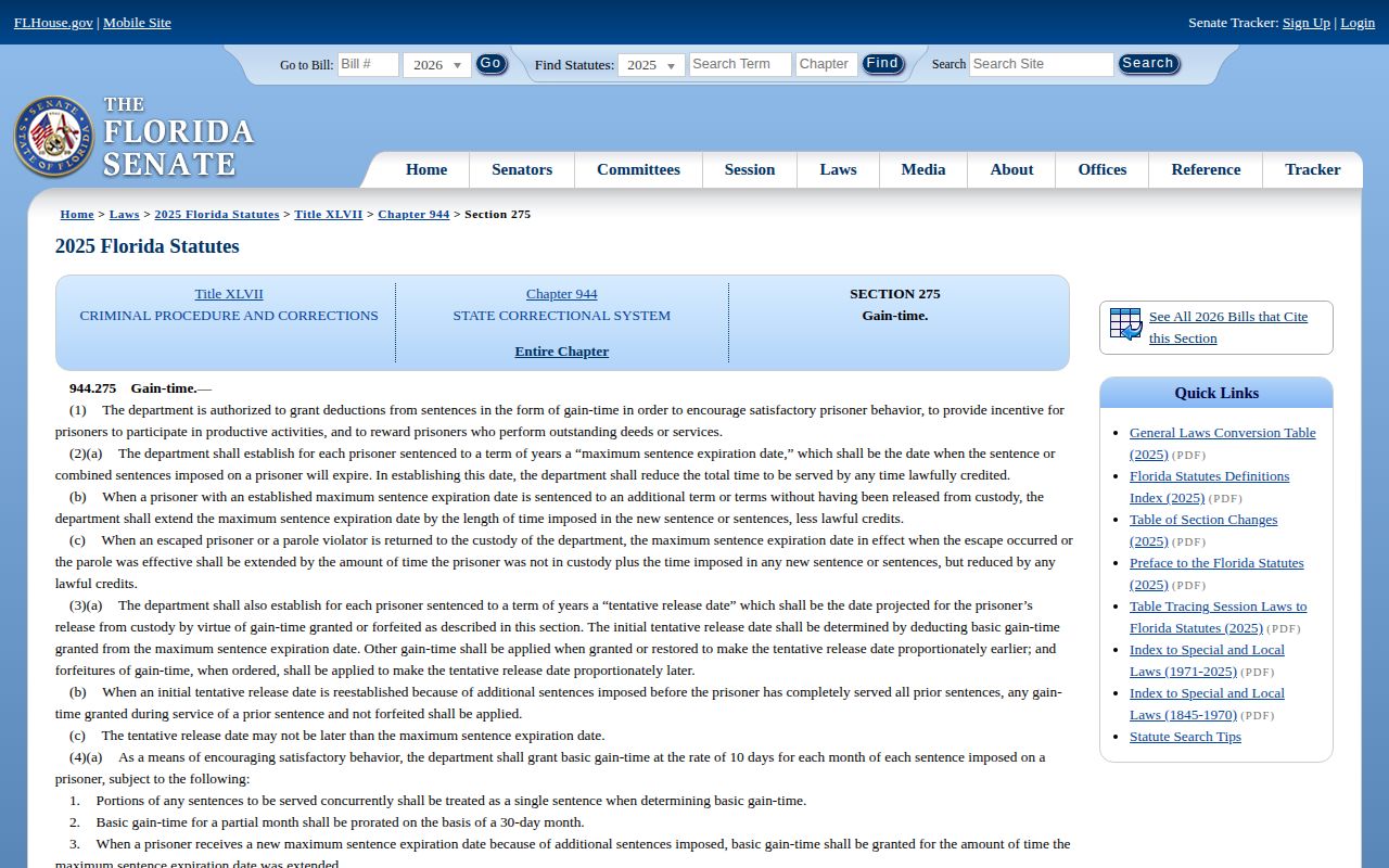 Florida Statutes gain-time provisions governing state prisoner release dates