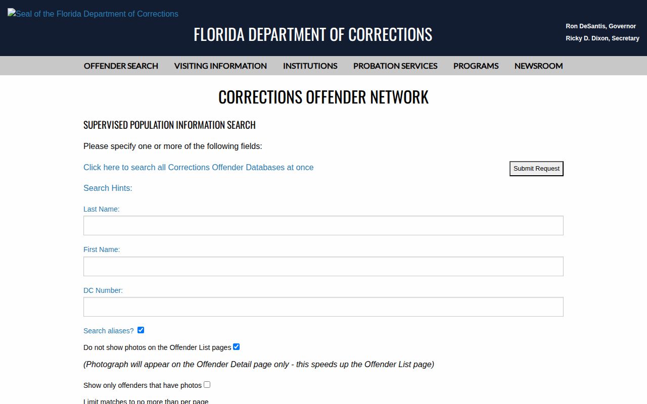Florida supervised population search form used for Okeechobee County supervision checks
